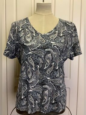 Karen Scott Shirt Top-Black Brown Taupe Paisley-V-Neck-Short Sleeve-Cotton-Large